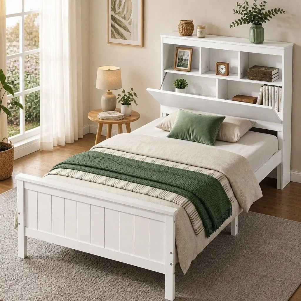 Single Bed Frame with Storage Headboard Footboard Wooden Bed Base White