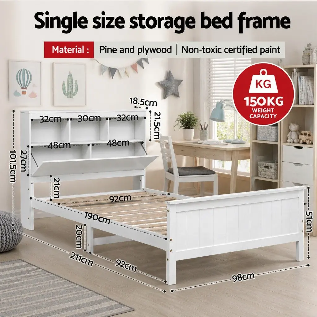 Single Bed Frame with Storage Headboard Footboard Wooden Bed Base White