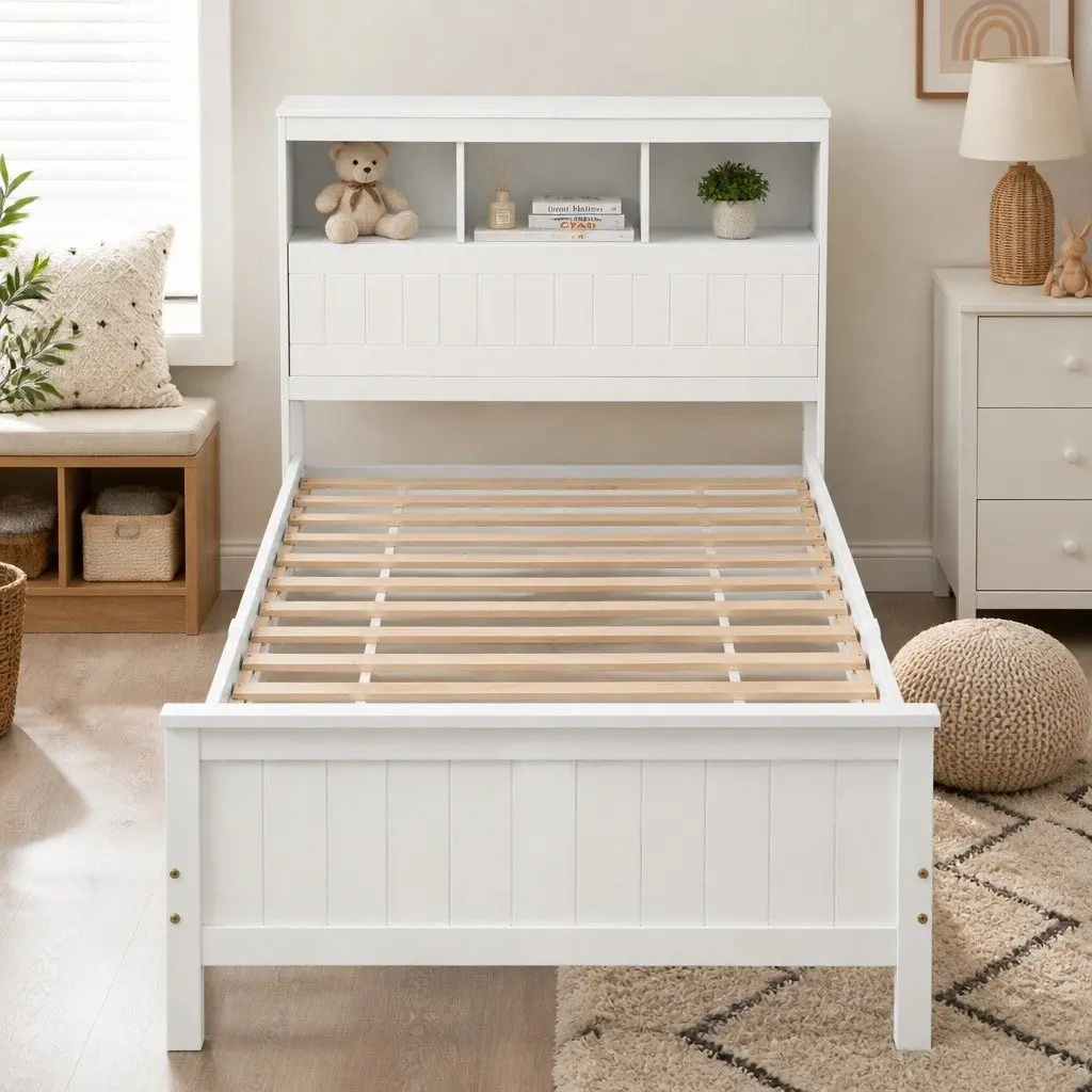 Single Bed Frame with Storage Headboard Footboard Wooden Bed Base White