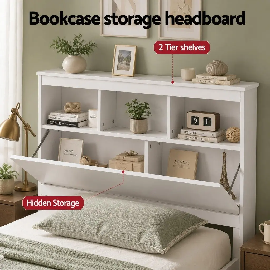 Single Bed Frame with Storage Headboard Footboard Wooden Bed Base White