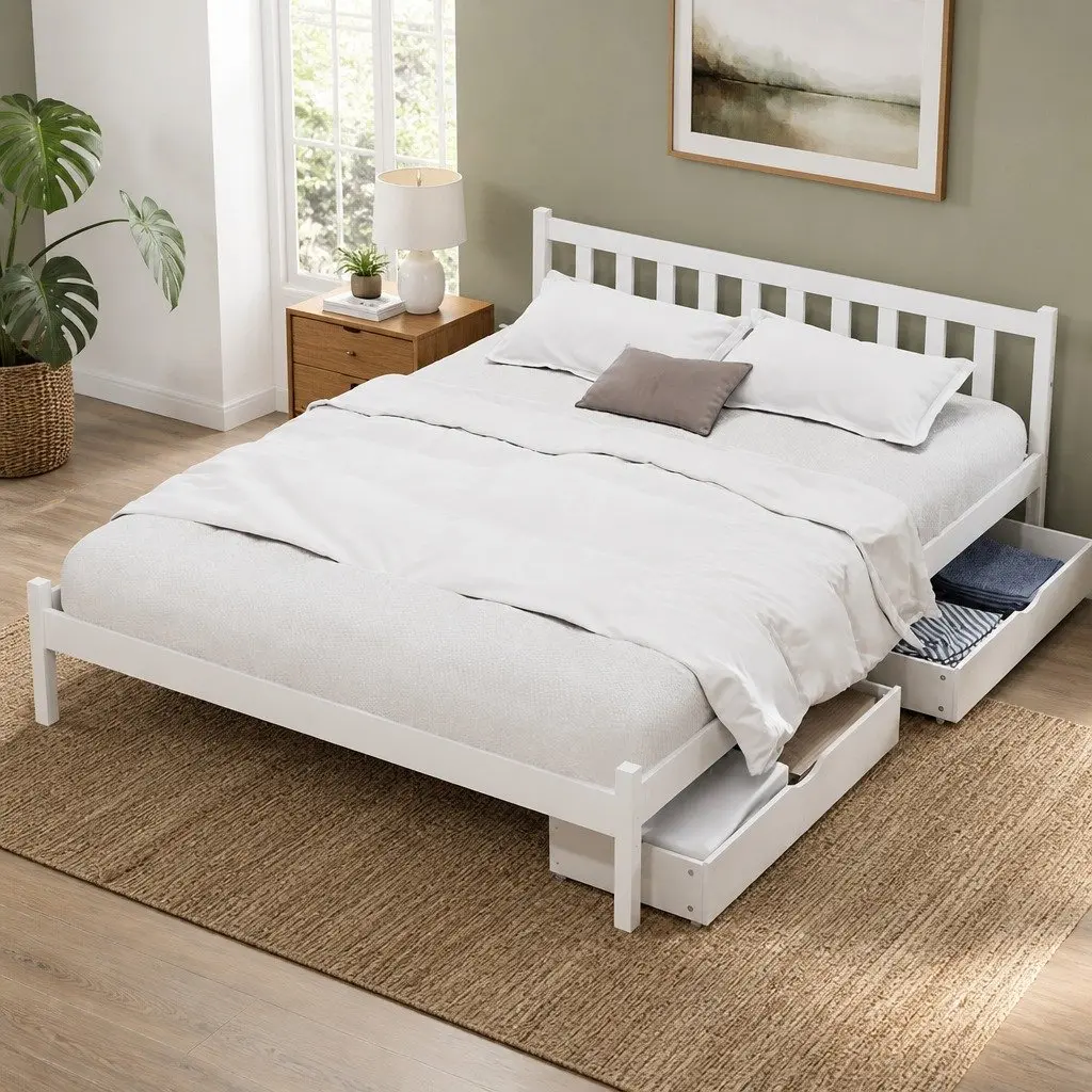 Wooden Double Bed Frame with Storage Drawers in White