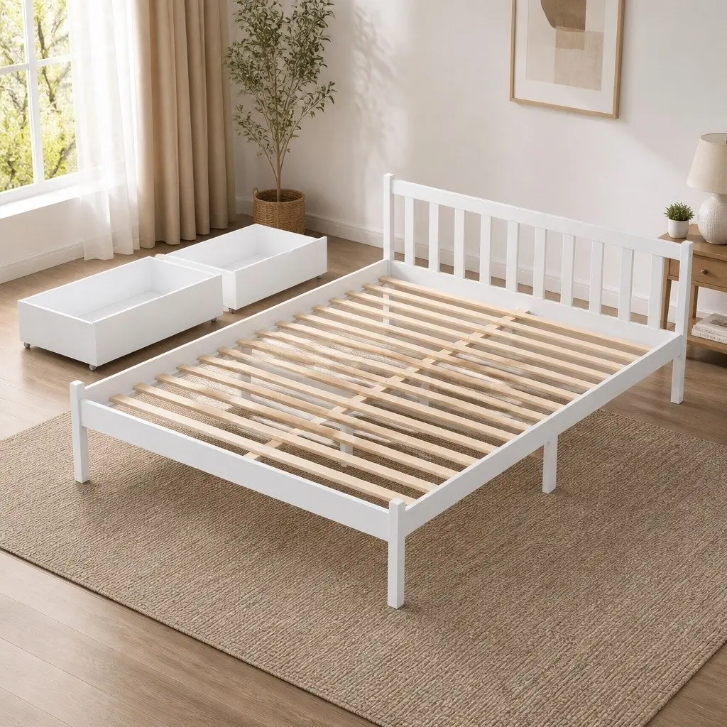 Wooden Double Bed Frame with Storage Drawers in White