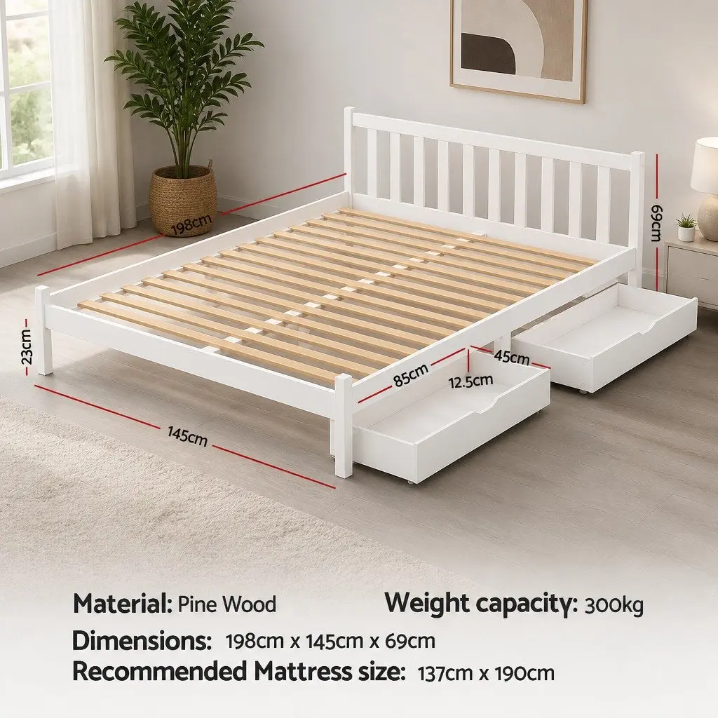 Wooden Double Bed Frame with Storage Drawers in White