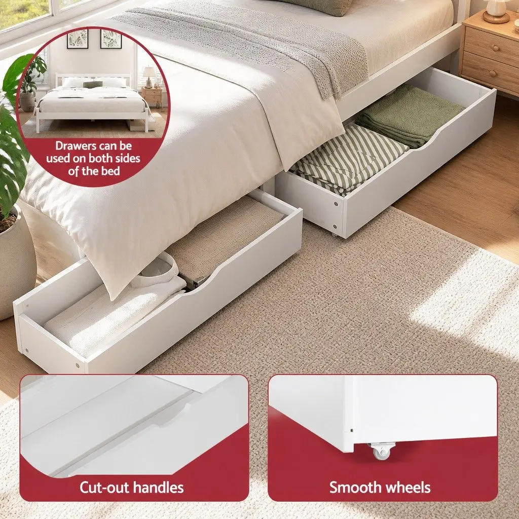 Wooden Double Bed Frame with Storage Drawers in White