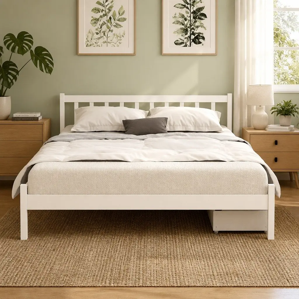 Wooden Double Bed Frame with Storage Drawers in White