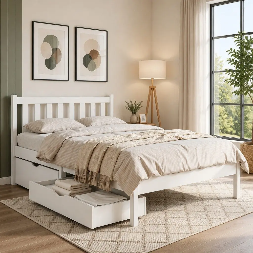 Wooden King Single Bed Frame with Storage Drawers in White