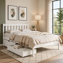Wooden King Single Bed Frame with Storage Drawers in White