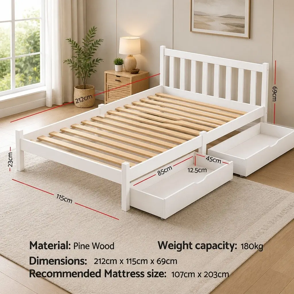 Wooden King Single Bed Frame with Storage Drawers in White