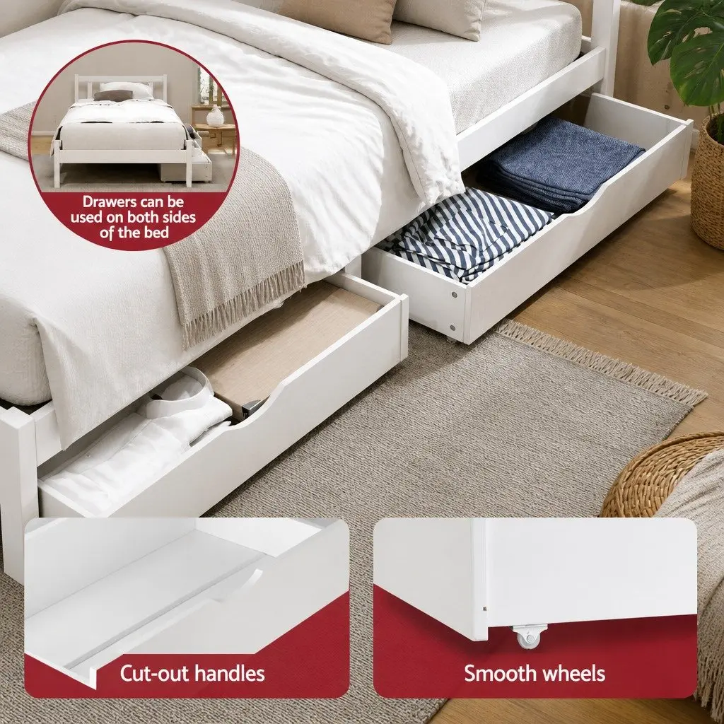 Wooden King Single Bed Frame with Storage Drawers in White
