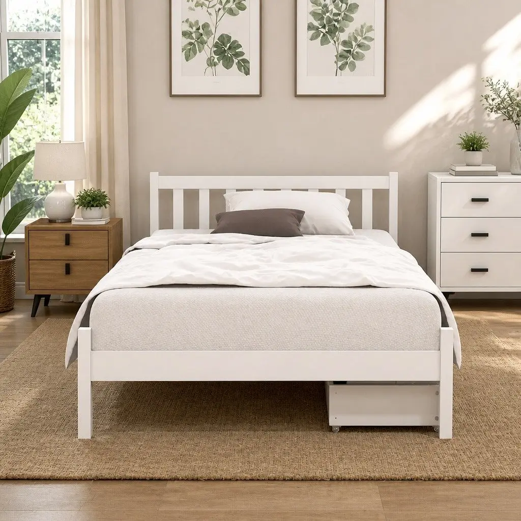 Wooden King Single Bed Frame with Storage Drawers in White
