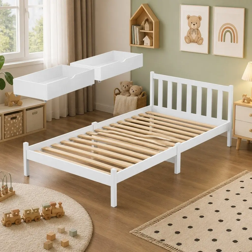 Wooden King Single Bed Frame with Storage Drawers in White