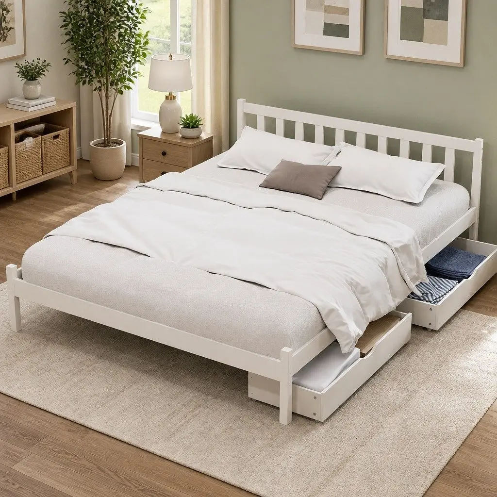 Wooden Queen Size Bed Frame with Storage Drawers in White