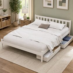 Wooden Queen Size Bed Frame with Storage Drawers in White