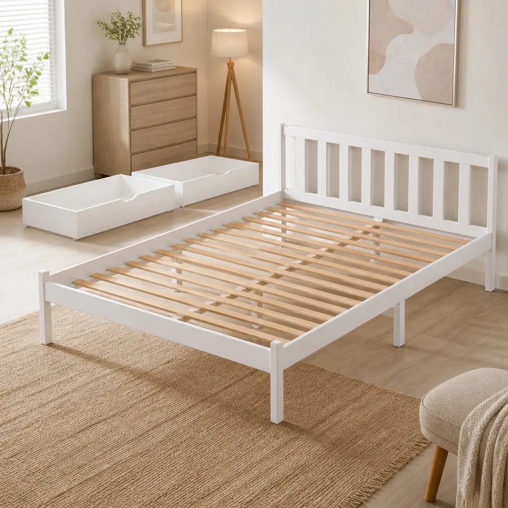 Wooden Queen Size Bed Frame with Storage Drawers in White