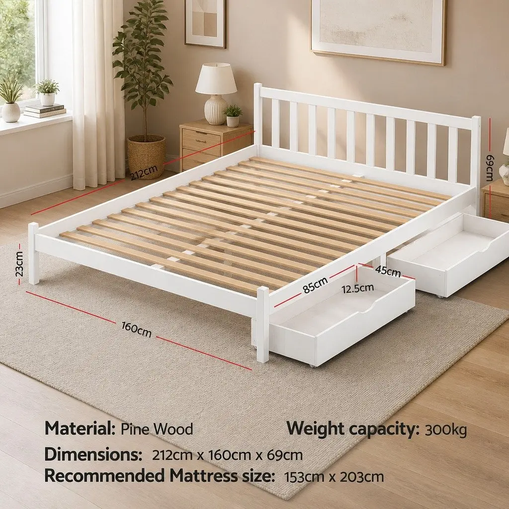 Wooden Queen Size Bed Frame with Storage Drawers in White