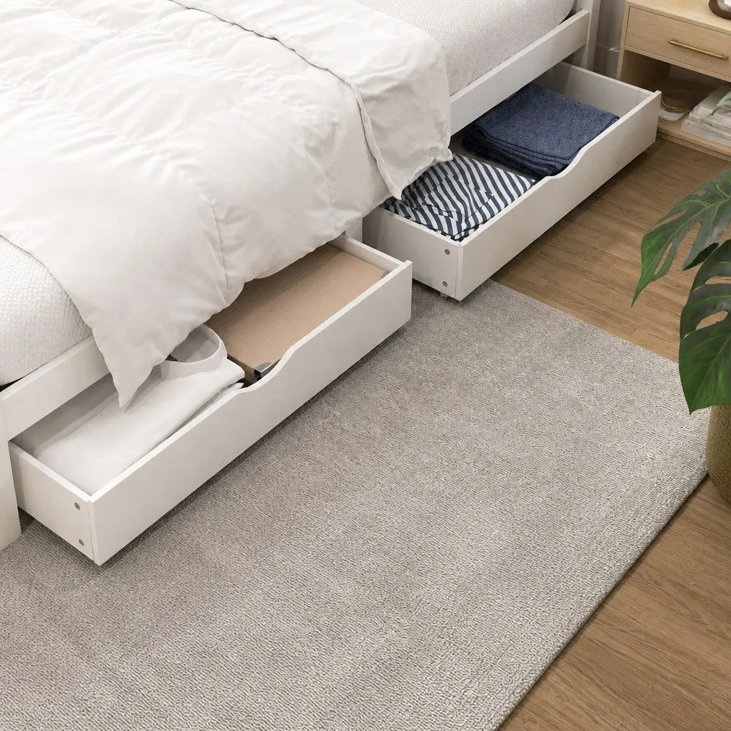 Wooden Queen Size Bed Frame with Storage Drawers in White