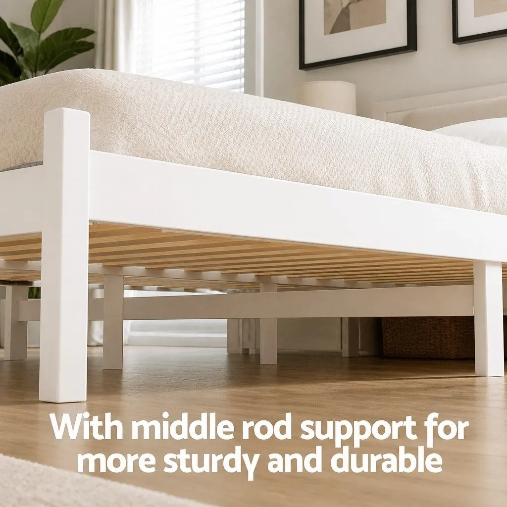 Wooden Queen Size Bed Frame with Storage Drawers in White