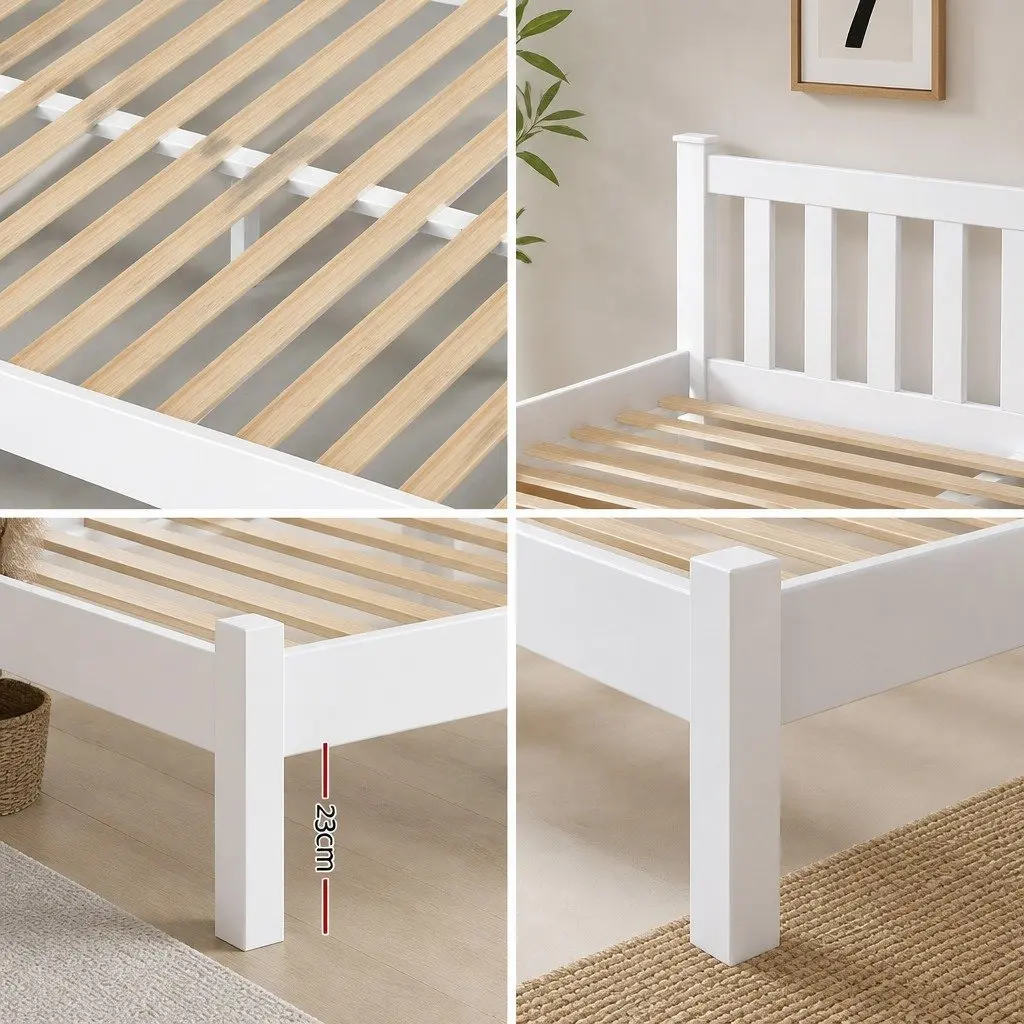 Wooden Queen Size Bed Frame with Storage Drawers in White