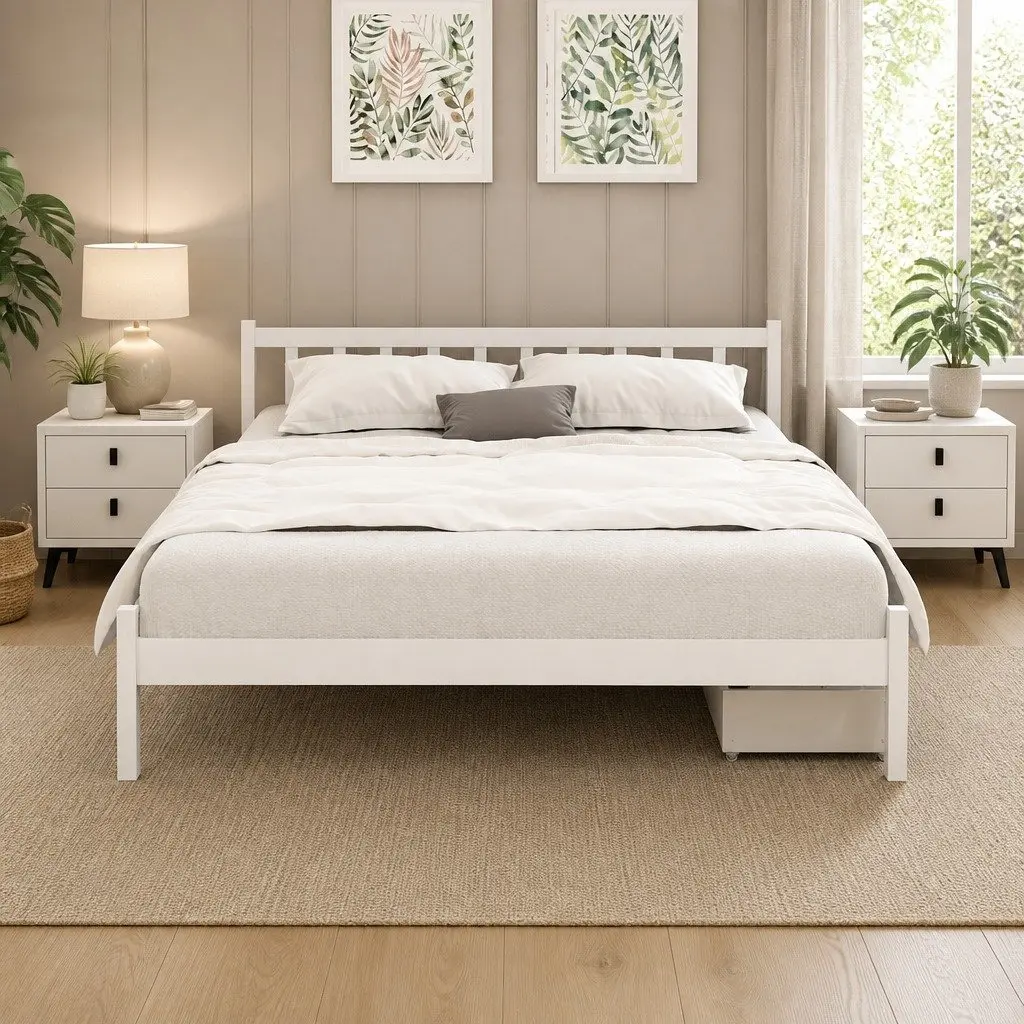 Wooden Queen Size Bed Frame with Storage Drawers in White