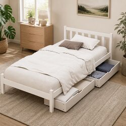 Wooden Platform Single Bed Frame with Storage Drawers