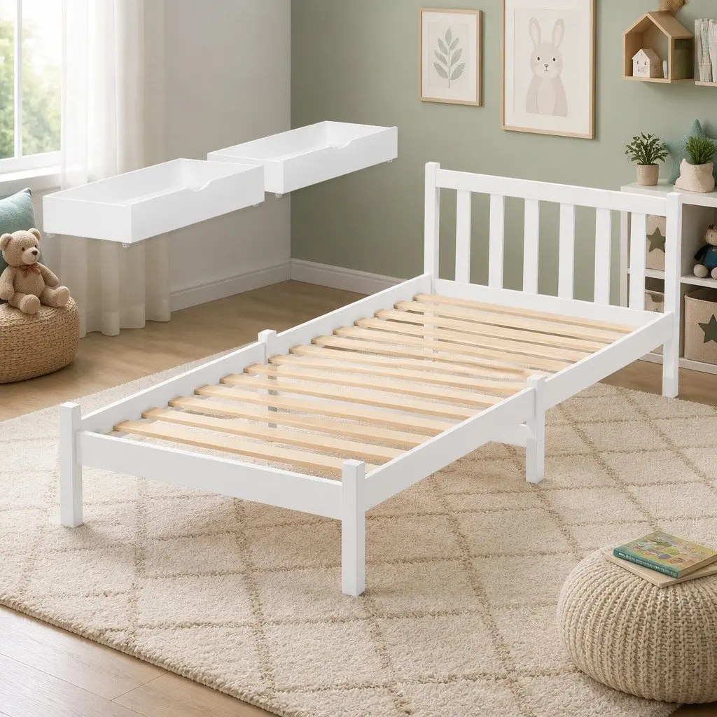Wooden Platform Single Bed Frame with Storage Drawers