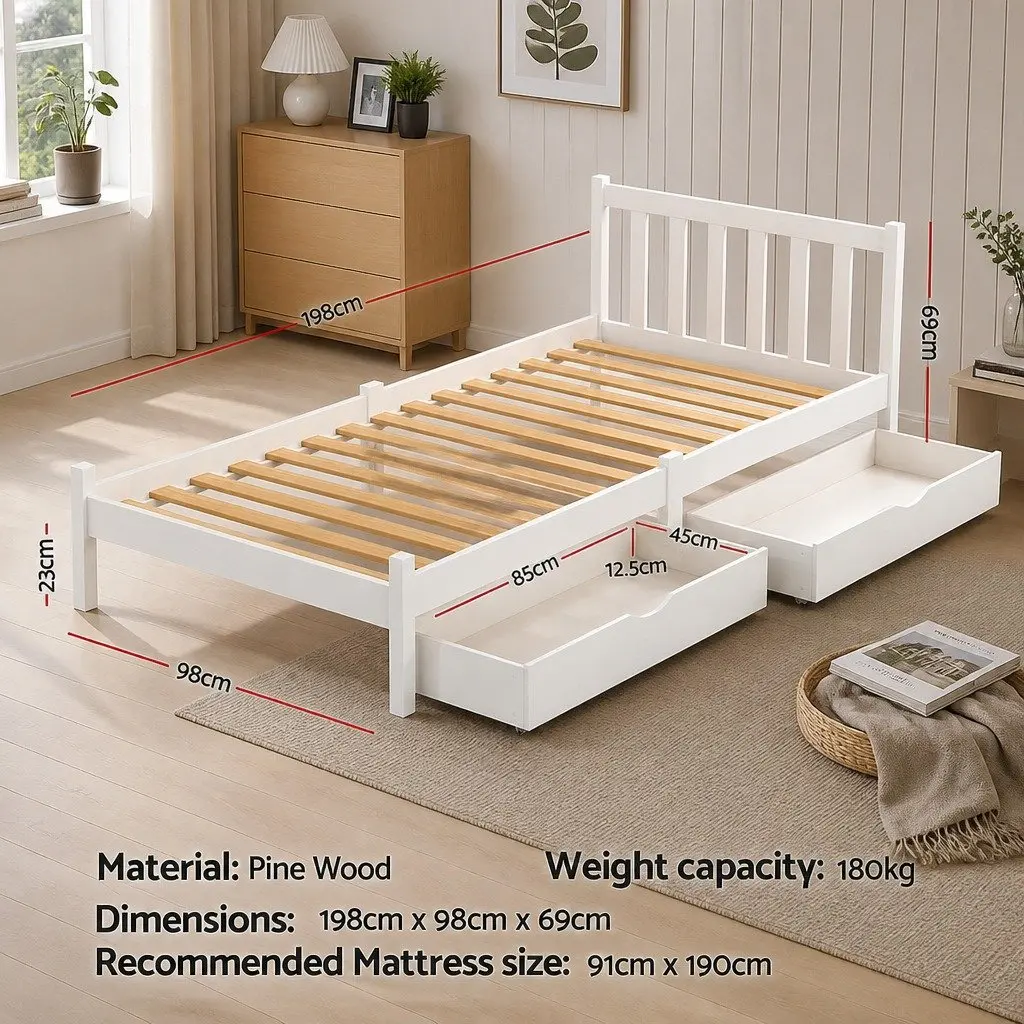 Wooden Platform Single Bed Frame with Storage Drawers