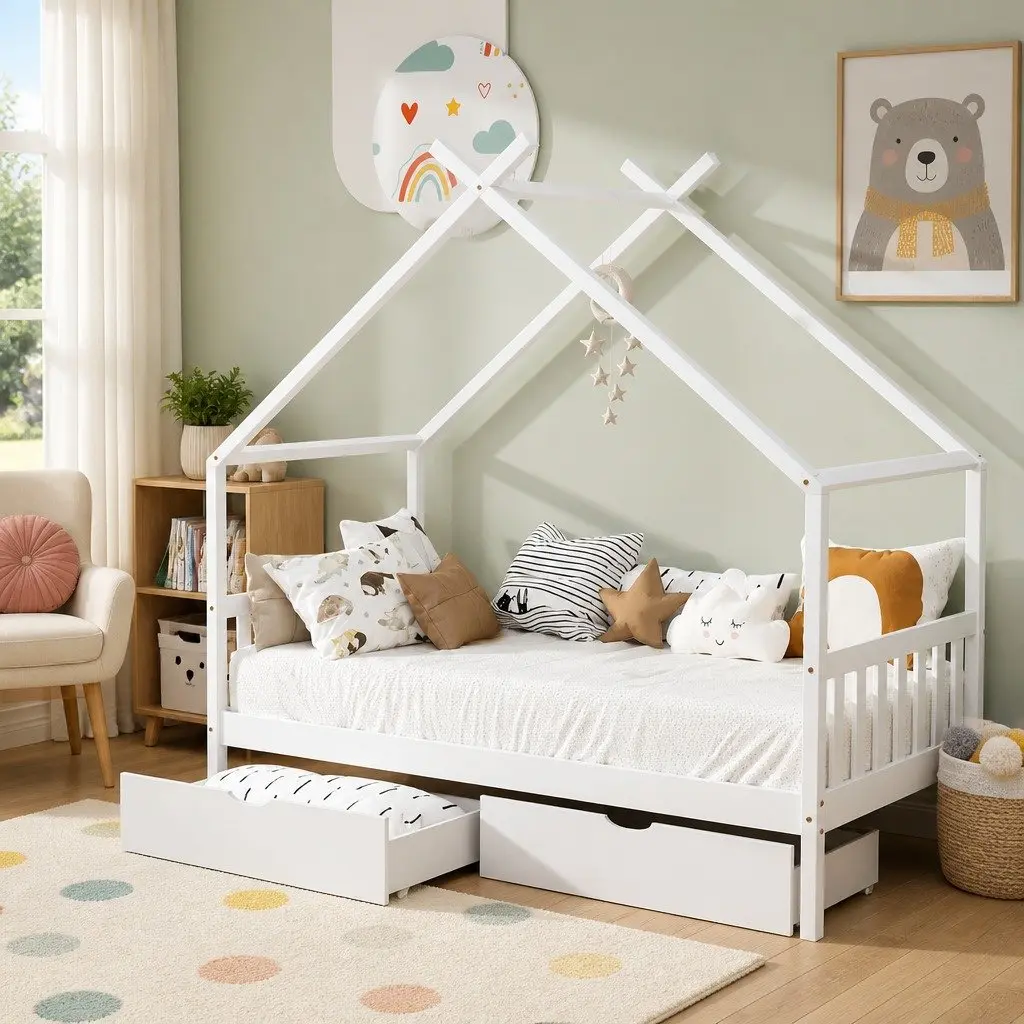 Kids Single Bed Frame House Design White Wooden with 2 Storage Drawers