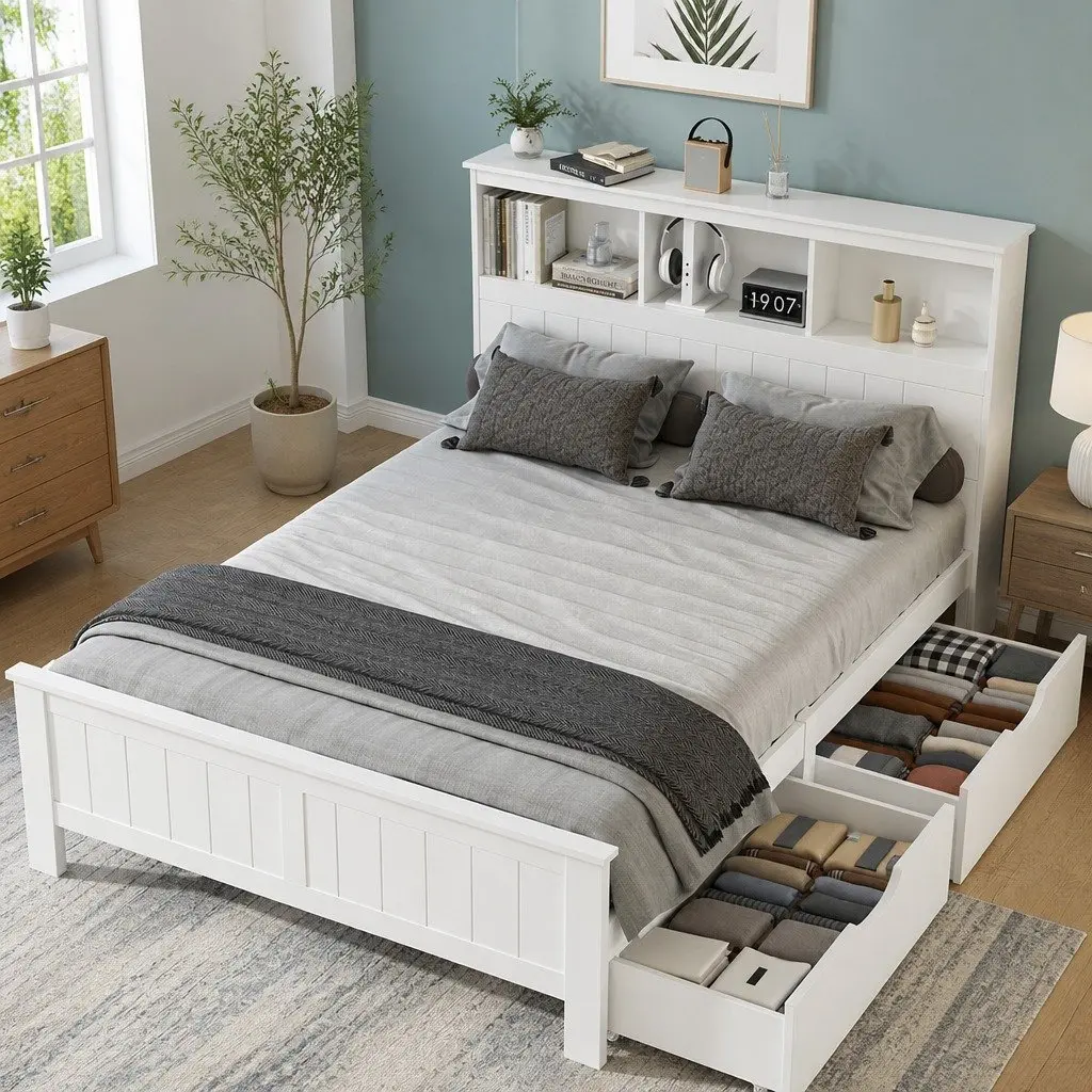 Double Bed Frame Wooden White Storage Headboard 212cm x 150cm Pine Wood