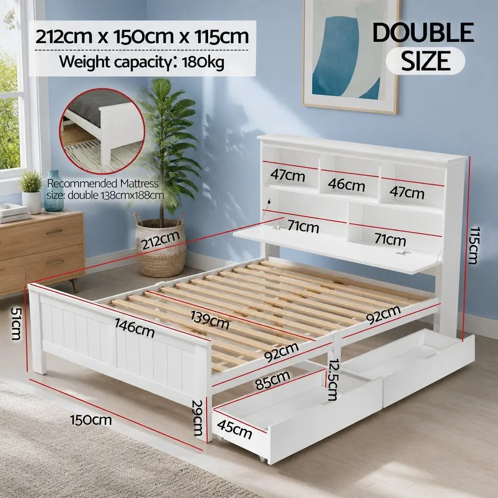Double Bed Frame Wooden White Storage Headboard 212cm x 150cm Pine Wood