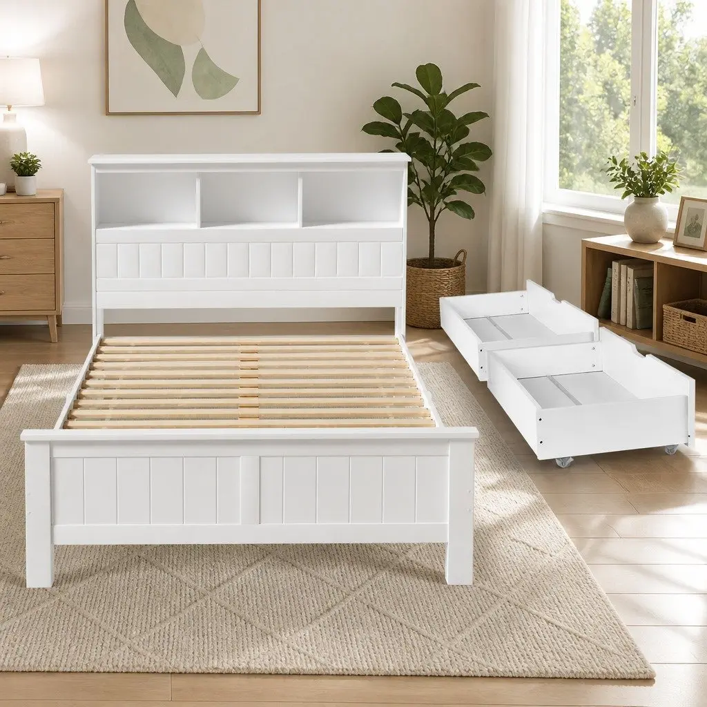 Double Bed Frame Wooden White Storage Headboard 212cm x 150cm Pine Wood