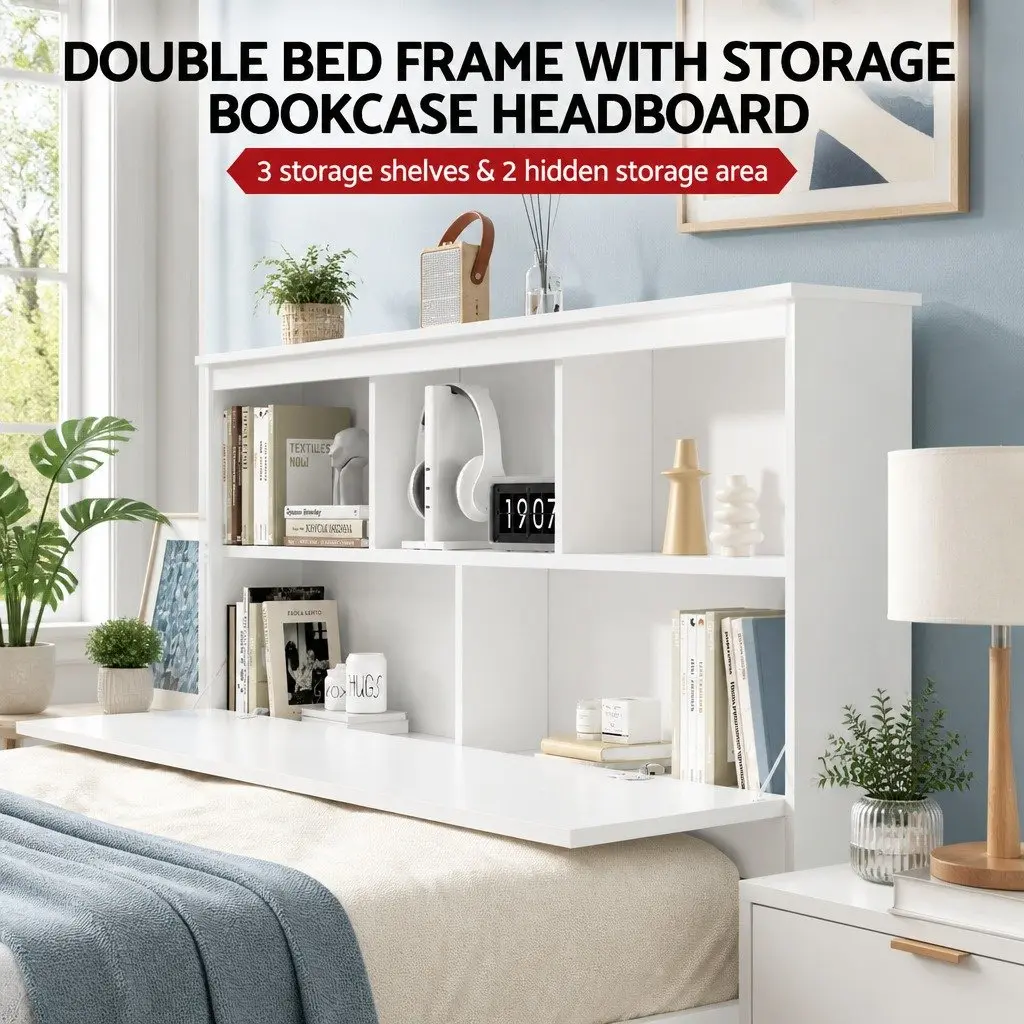 Double Bed Frame Wooden White Storage Headboard 212cm x 150cm Pine Wood