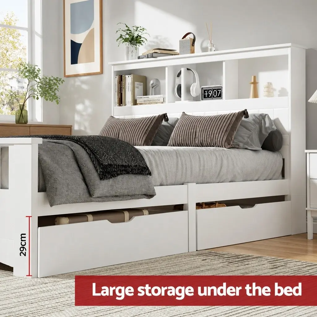 Double Bed Frame Wooden White Storage Headboard 212cm x 150cm Pine Wood