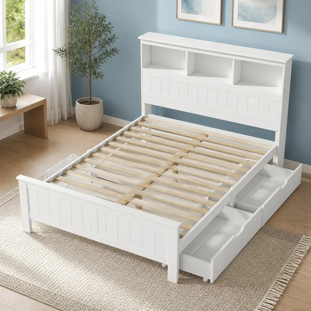 Double Bed Frame Wooden White Storage Headboard 212cm x 150cm Pine Wood