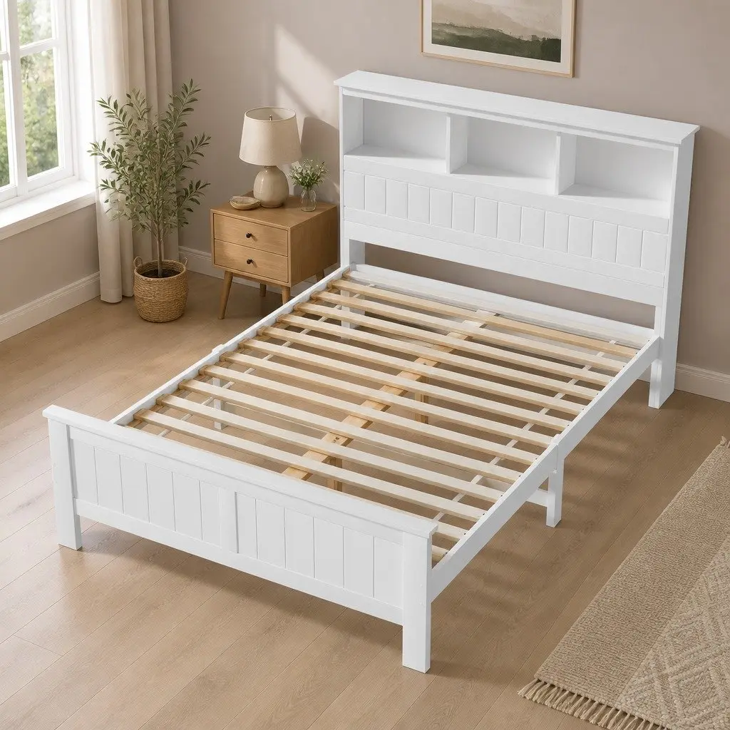 Wooden Double Bed Frame in White with Storage Headboard