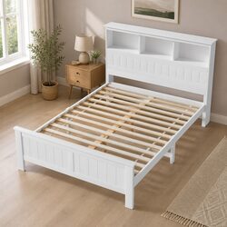 Wooden Double Bed Frame in White with Storage Headboard