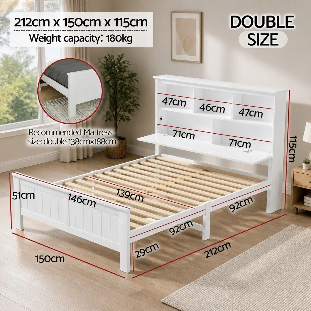 Wooden Double Bed Frame in White with Storage Headboard