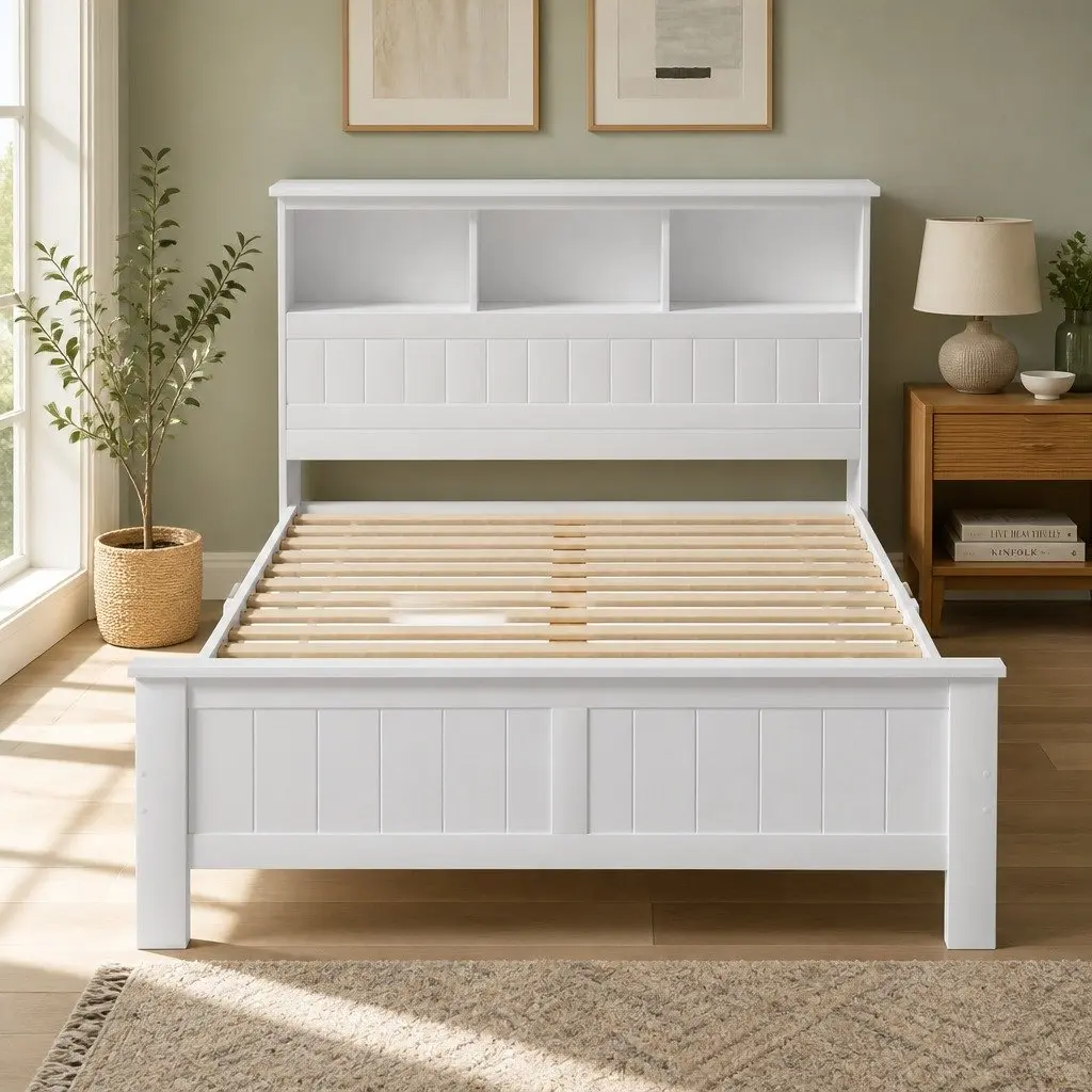 Wooden Double Bed Frame in White with Storage Headboard