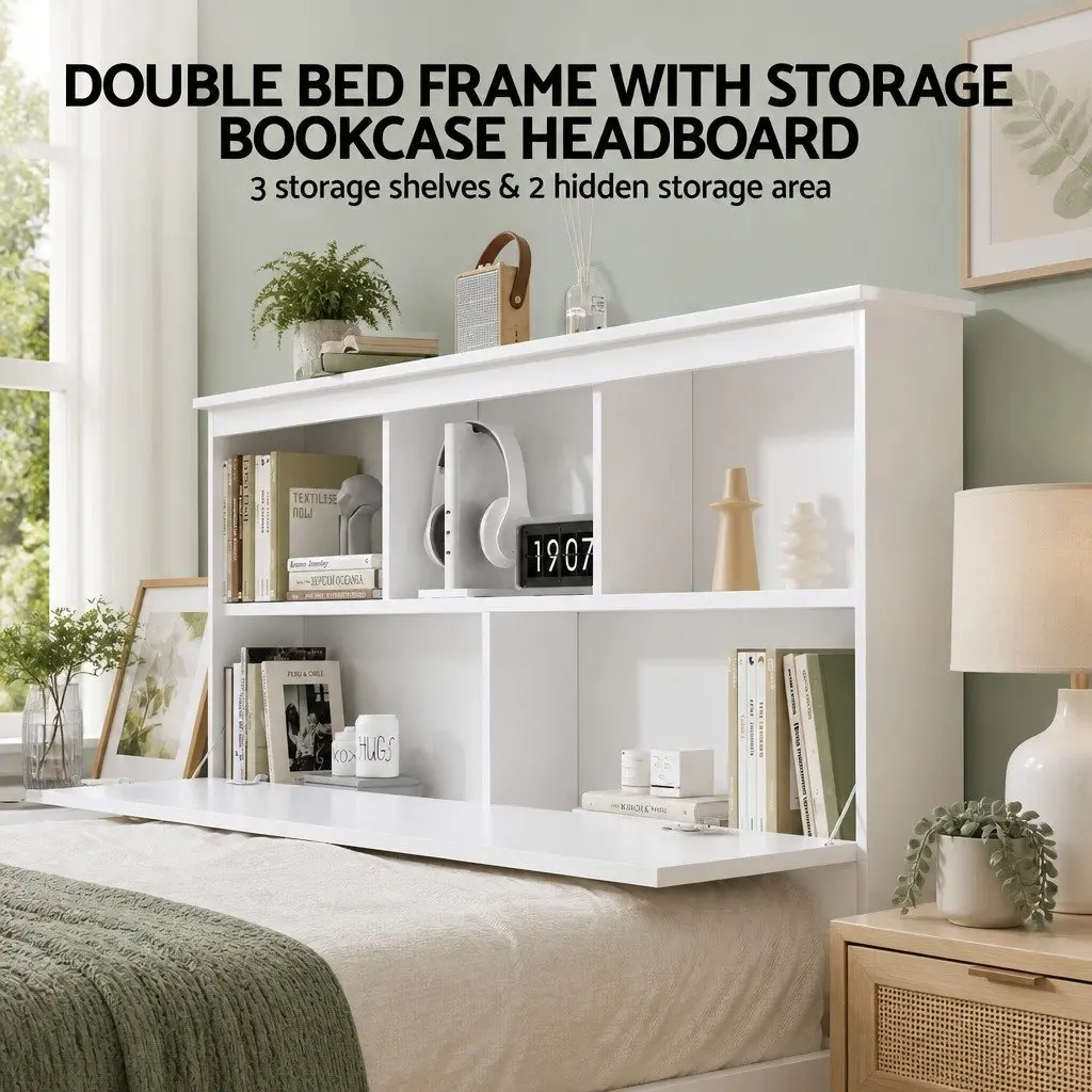 Wooden Double Bed Frame in White with Storage Headboard