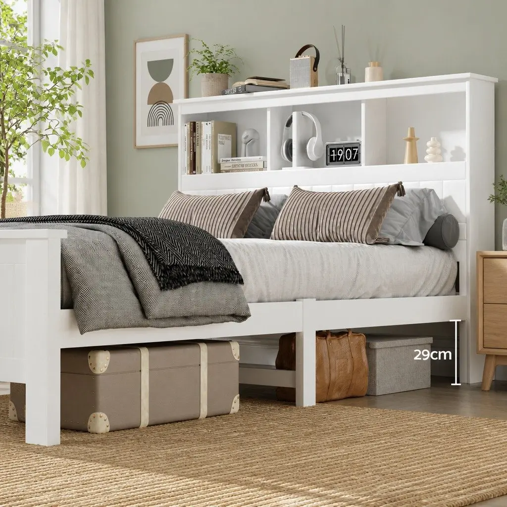 Wooden Double Bed Frame in White with Storage Headboard