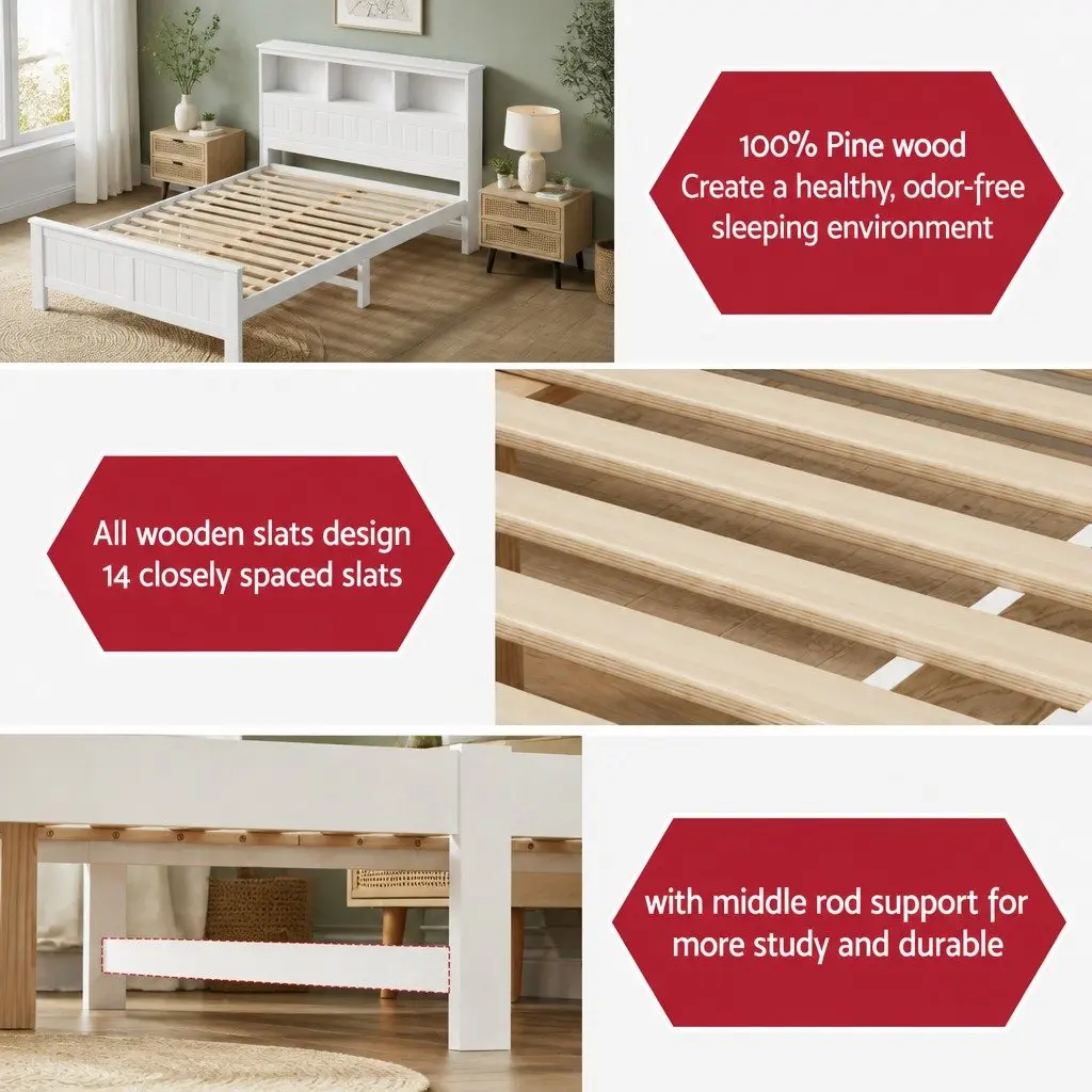 Wooden Double Bed Frame in White with Storage Headboard