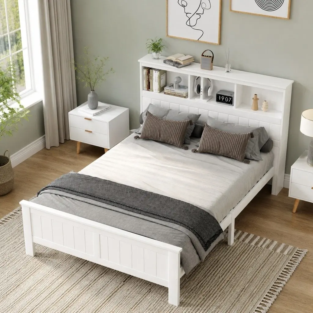 Wooden Double Bed Frame in White with Storage Headboard