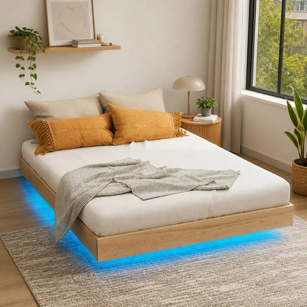 Floating Wooden Double Bed Frame with LED Lighting
