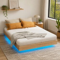 Floating Wooden Double Bed Frame with LED Lighting