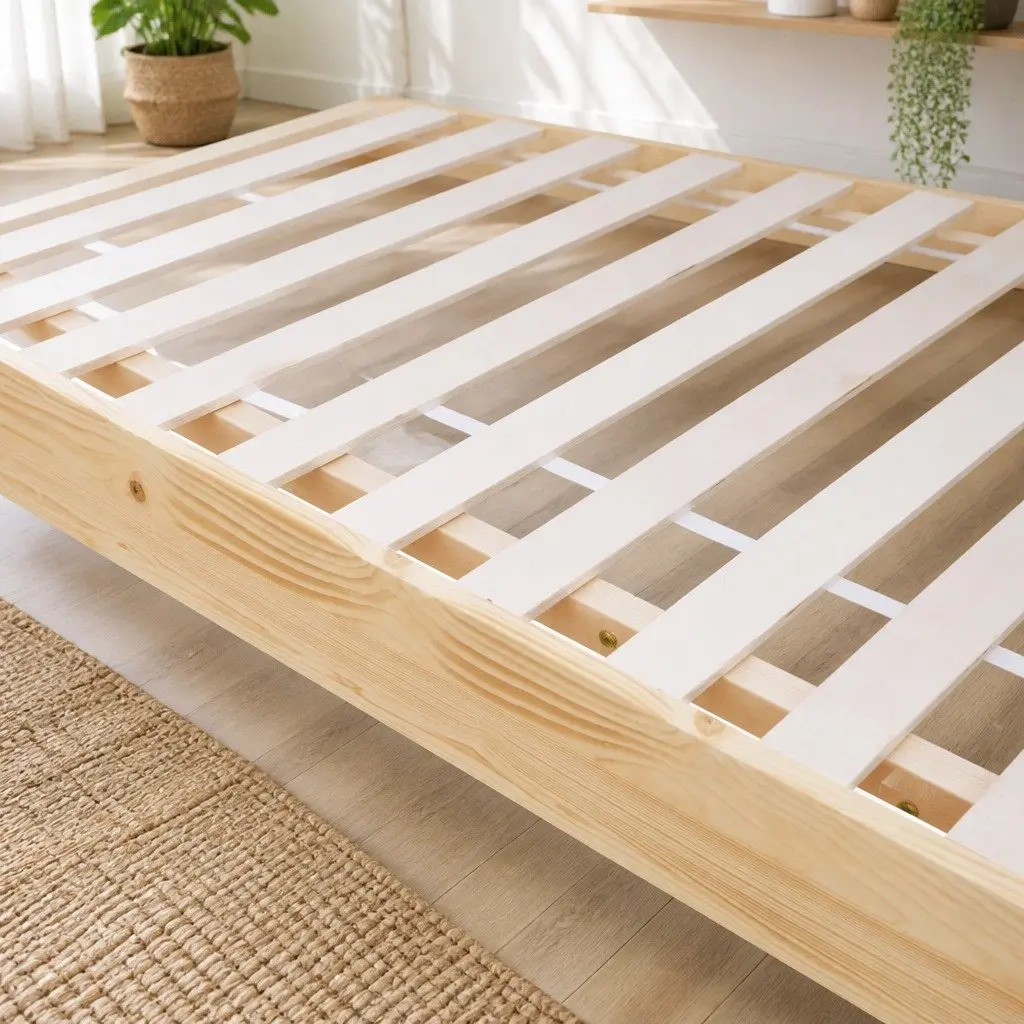 Floating Wooden Double Bed Frame with LED Lighting