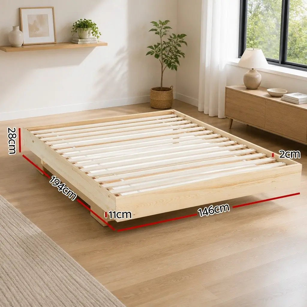 Floating Wooden Double Bed Frame with LED Lighting