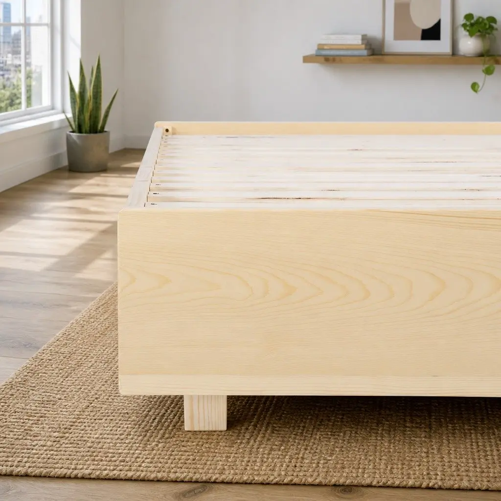 Floating Wooden Double Bed Frame with LED Lighting
