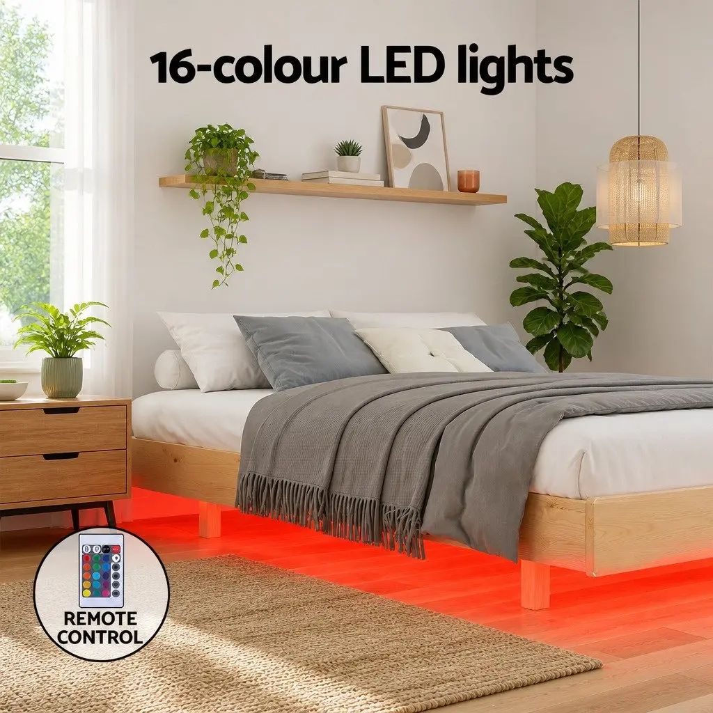 Floating Wooden Double Bed Frame with LED Lighting