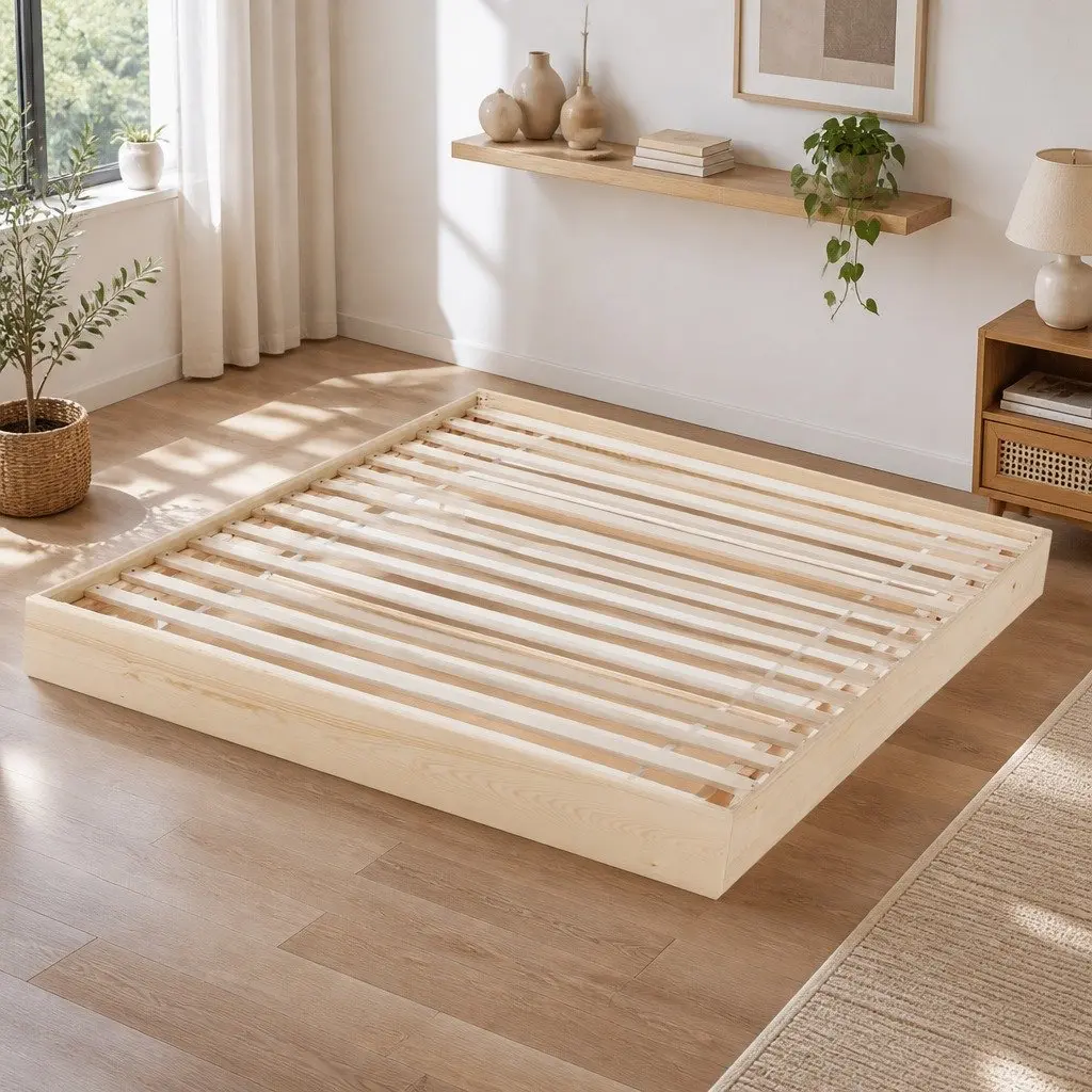 Floating Wooden Double Bed Frame with LED Lighting