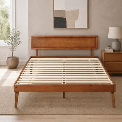 Walnut Queen Size Pinewood Bed Frame with Slatted Base