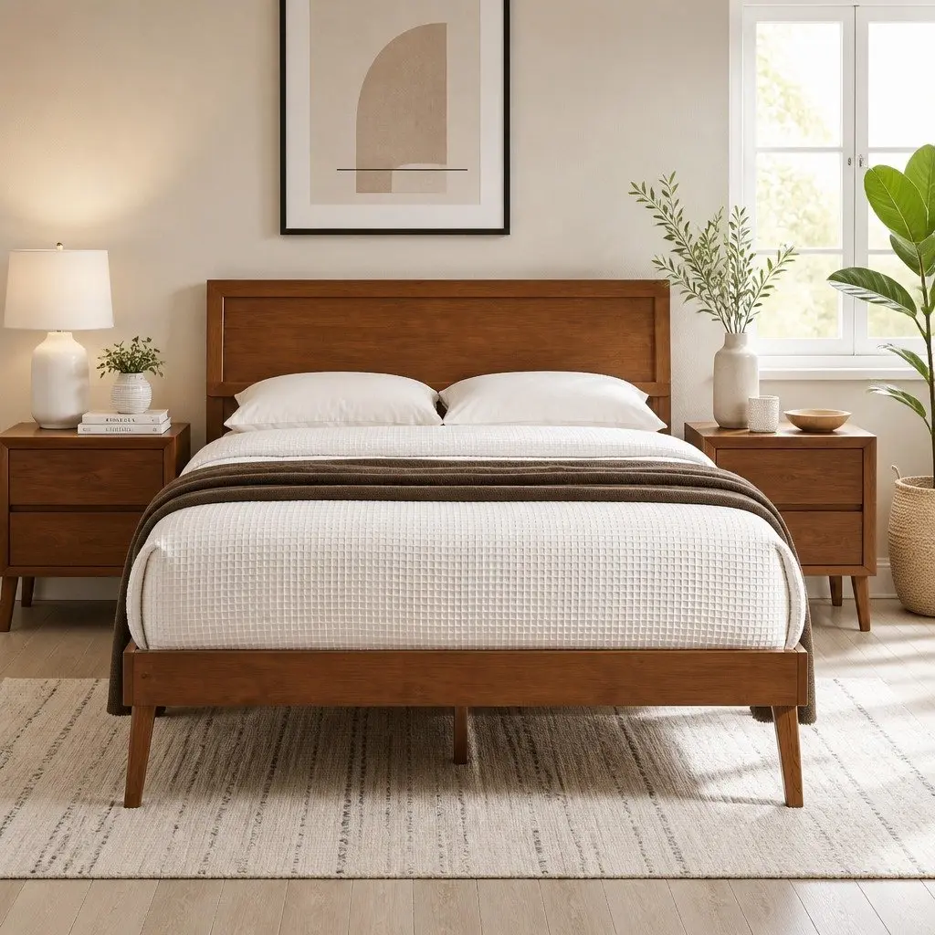 Walnut Queen Size Pinewood Bed Frame with Slatted Base